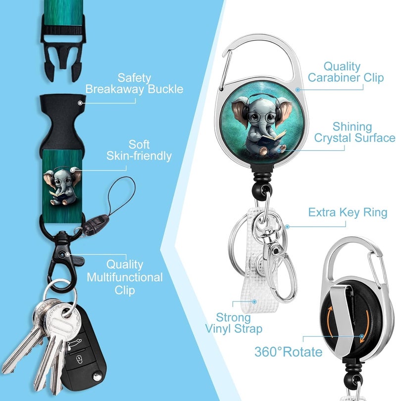 Piefly Lanyards for Id Badges, Cute Elephant Badge Holder with Retractable Heavy Duty Reel Belt Clip, Work Card Name Tag Lanyard Vertical ID Card Protector for Women Nurse Doctor Teacher Student - Image 4